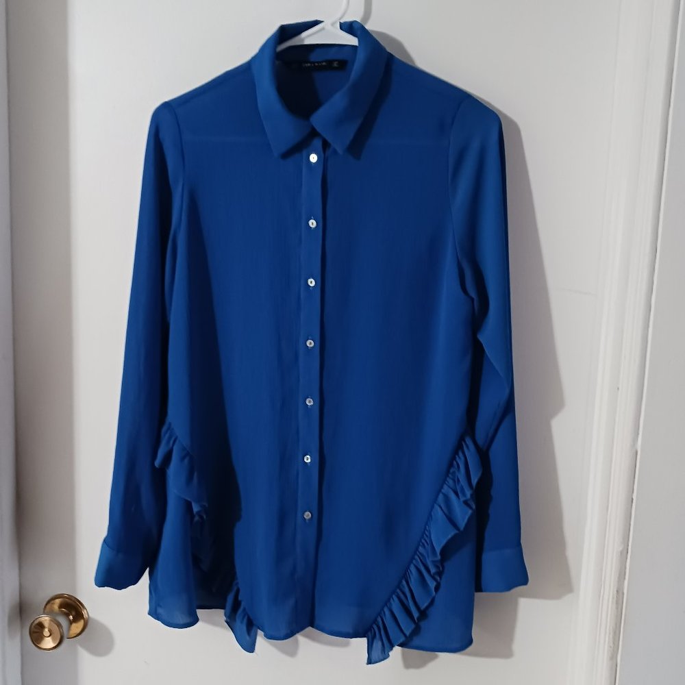 Zara Basic Women's Ruffle Blouse Blue Medium